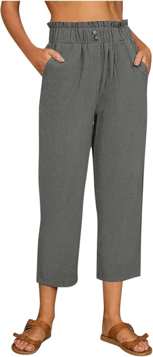 Women's Cotton Linen Summer Drawstring Palazzo Pants High Waist Lounge Pants Plus Size Pant Trousers Vacation