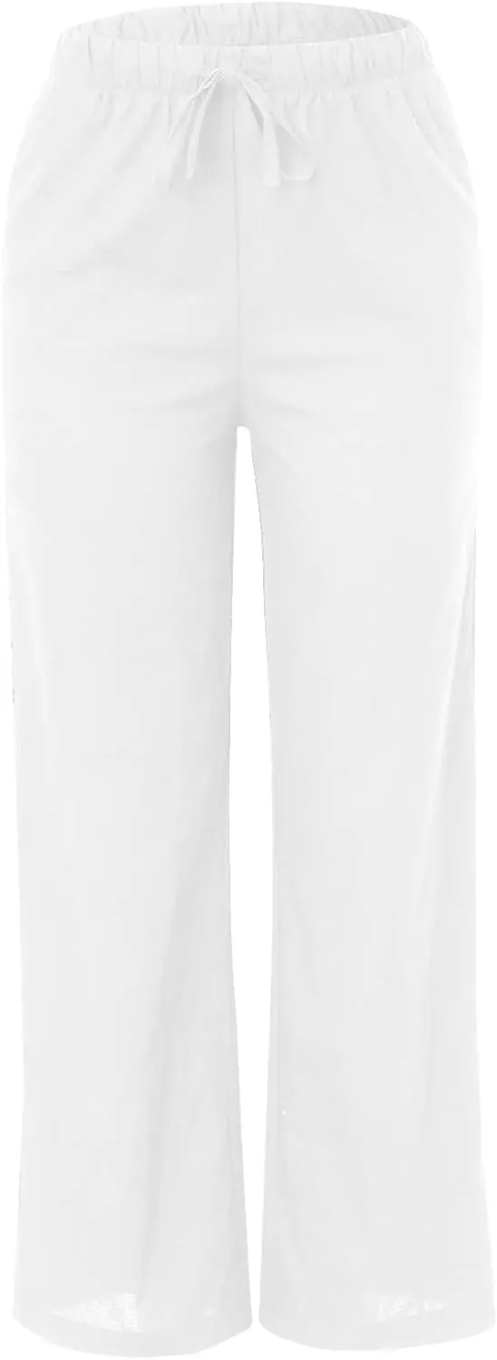 Women's Cotton Linen Summer Palazzo Pants Beach Flowy Wide Leg Trousers Drawstring Elastic Waist Slacks with Pockets
