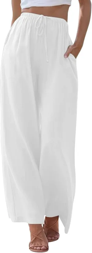 Women's Cotton Linen Summer Palazzo Pants Beach Flowy Wide Leg Trousers Drawstring Elastic Waist Slacks with Pockets