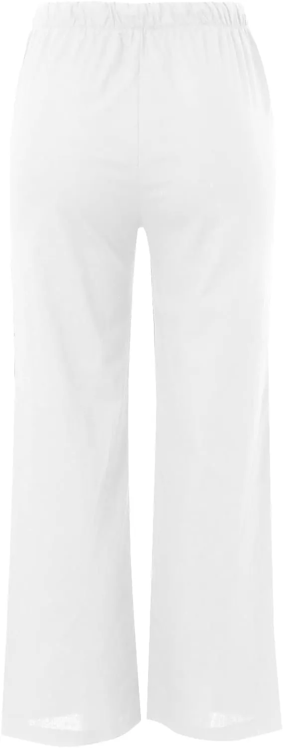 Women's Cotton Linen Summer Palazzo Pants Beach Flowy Wide Leg Trousers Drawstring Elastic Waist Slacks with Pockets