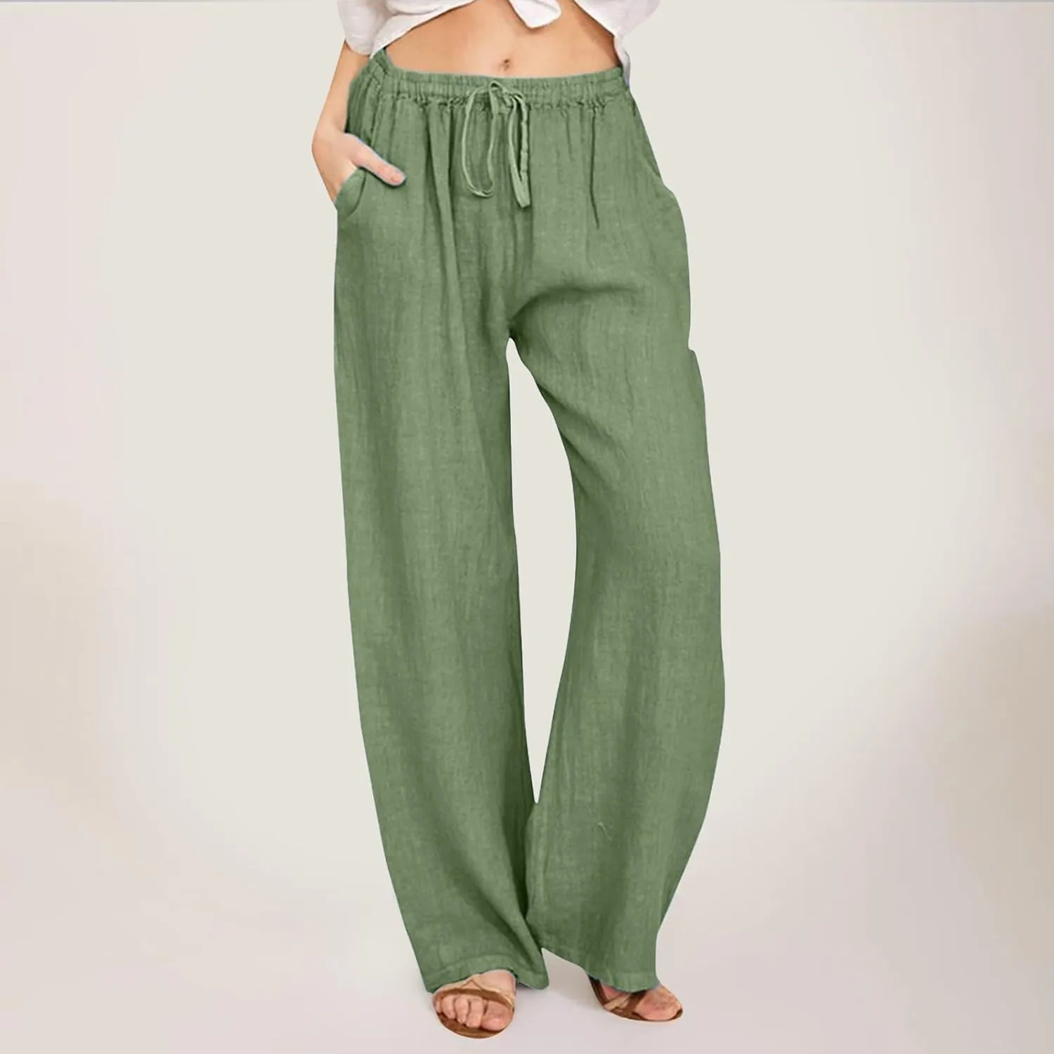 Womens Cotton Linen Summer Trendy Palazzo Pants Elastic Waist Ankle Length Slim Fit Trouser Office
