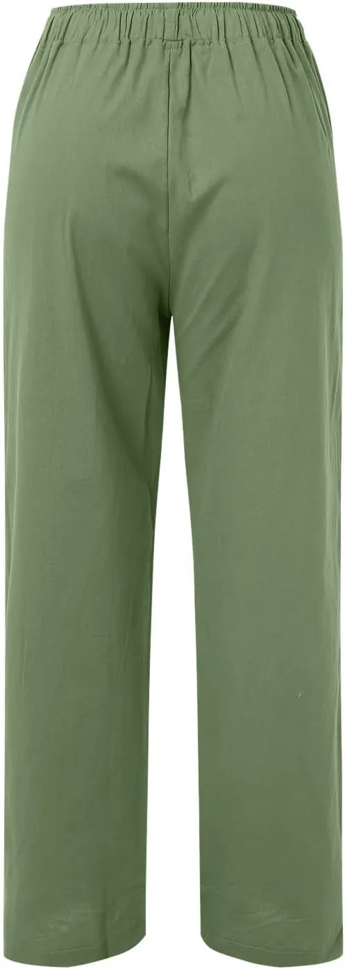Womens Cotton Linen Summer Trendy Palazzo Pants Elastic Waist Ankle Length Slim Fit Trouser Office