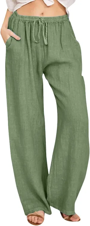 Womens Cotton Linen Summer Trendy Palazzo Pants Elastic Waist Ankle Length Slim Fit Trouser Office