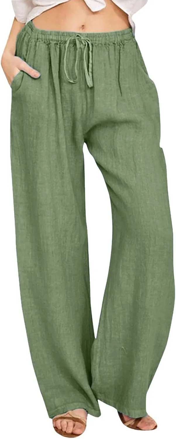 Womens Cotton Linen Summer Trendy Palazzo Pants Elastic Waist Ankle Length Slim Fit Trouser Office