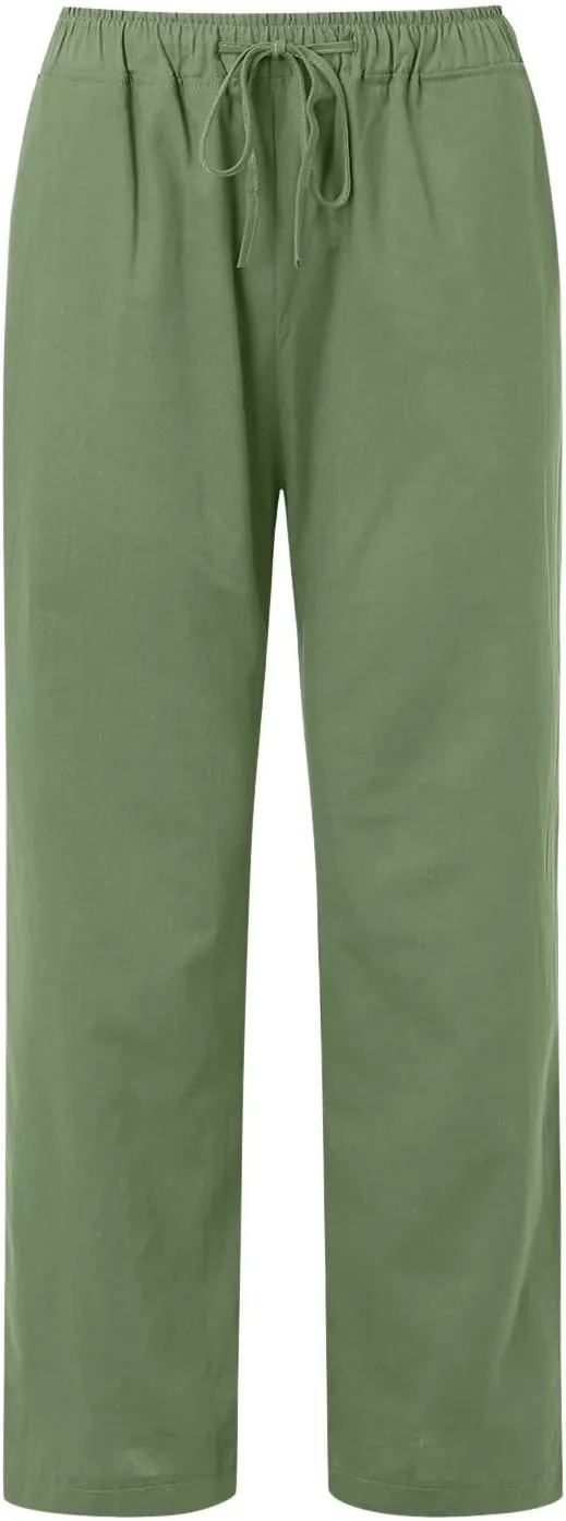 Womens Cotton Linen Summer Trendy Palazzo Pants Elastic Waist Ankle Length Slim Fit Trouser Office