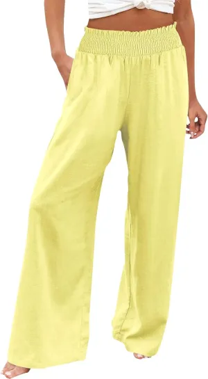 Womens Cotton Twill Pants Women Linen Palazzo Pants Wide Leg High Waist Summer Casual Boho Trousers