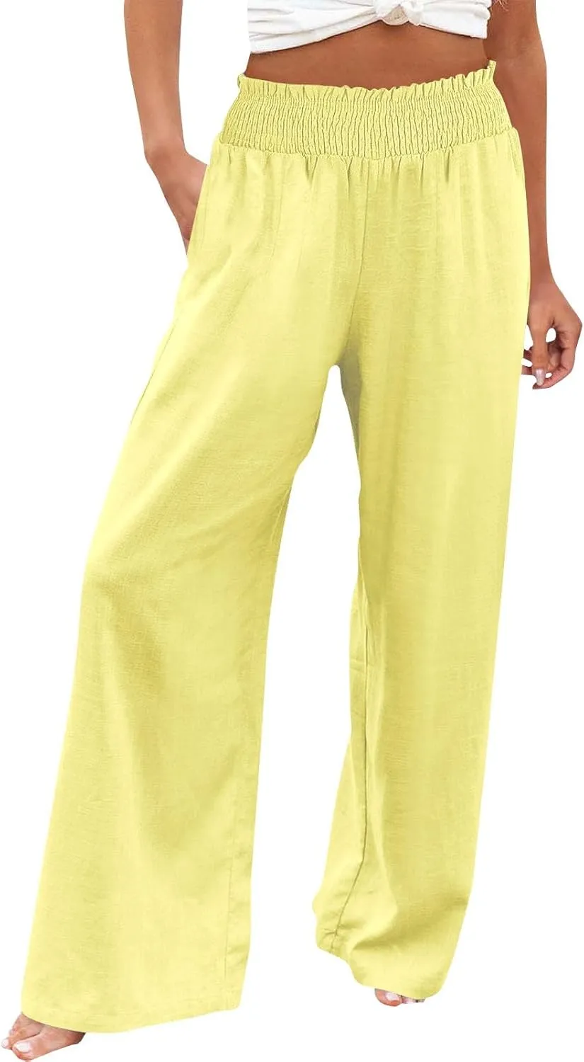 Womens Cotton Twill Pants Women Linen Palazzo Pants Wide Leg High Waist Summer Casual Boho Trousers