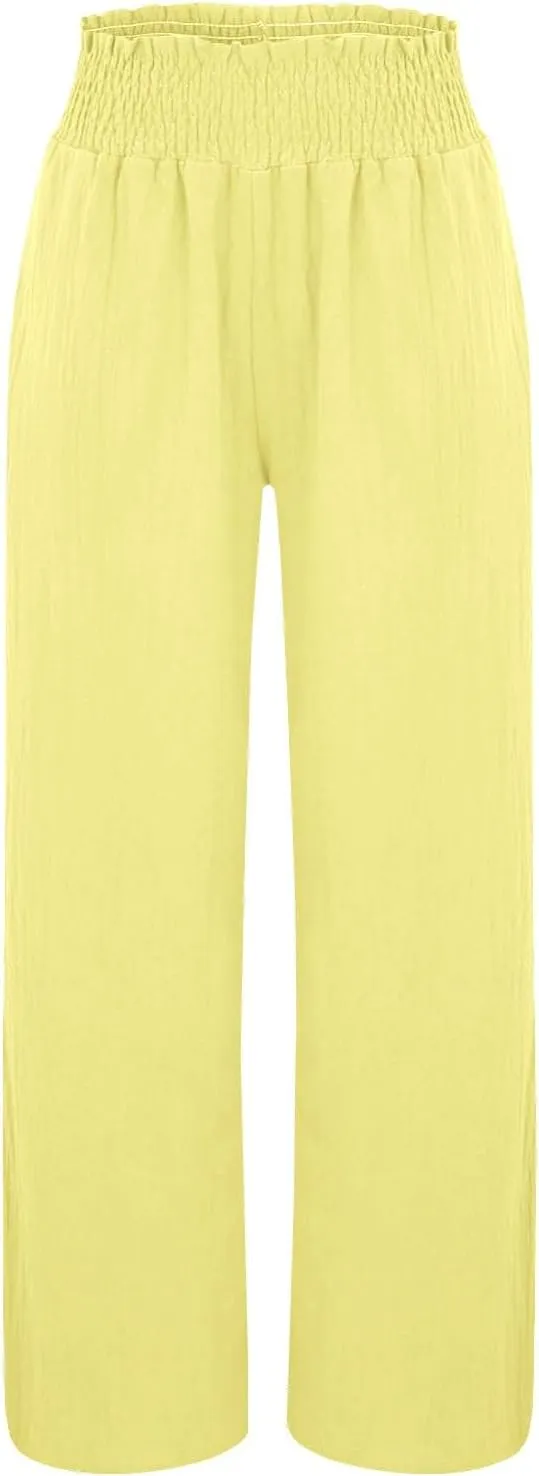 Womens Cotton Twill Pants Women Linen Palazzo Pants Wide Leg High Waist Summer Casual Boho Trousers