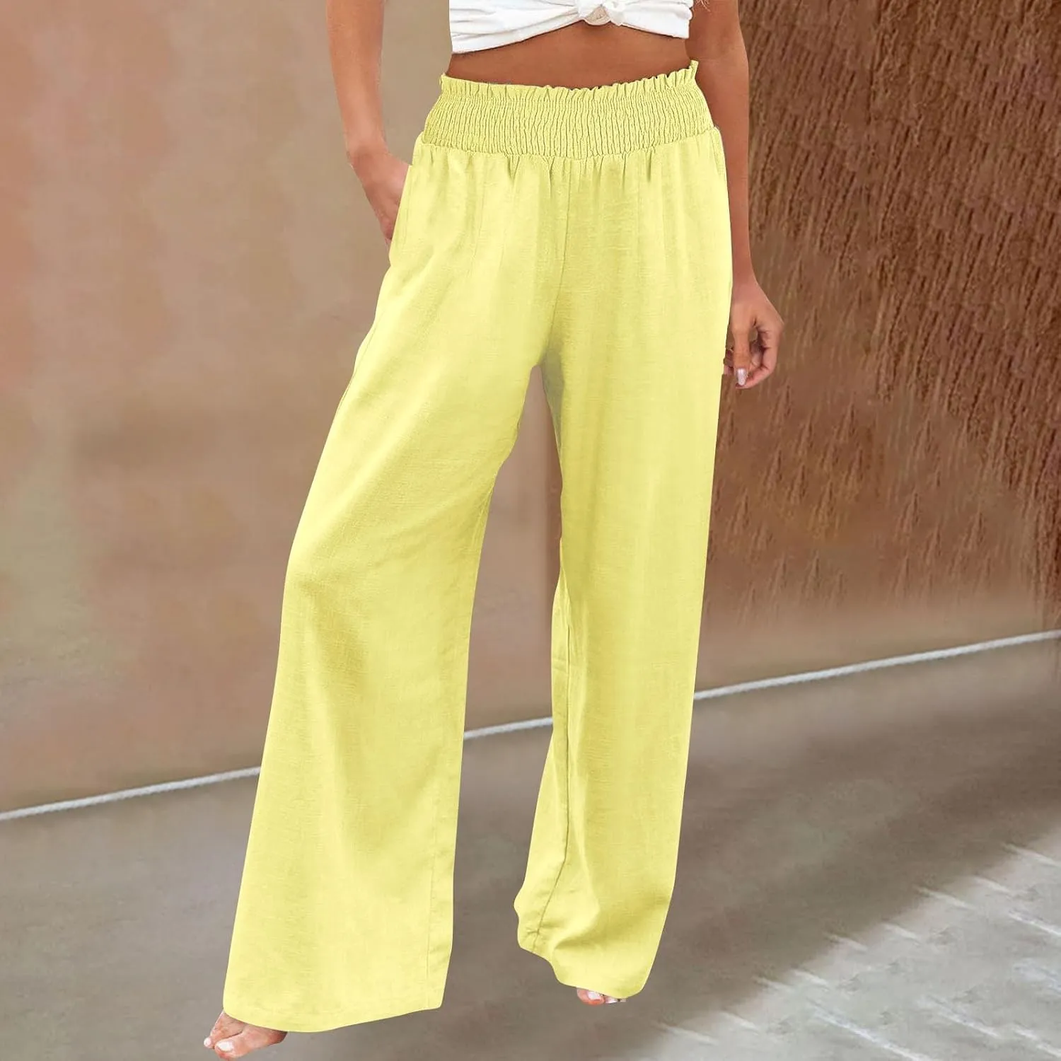 Womens Cotton Twill Pants Women Linen Palazzo Pants Wide Leg High Waist Summer Casual Boho Trousers