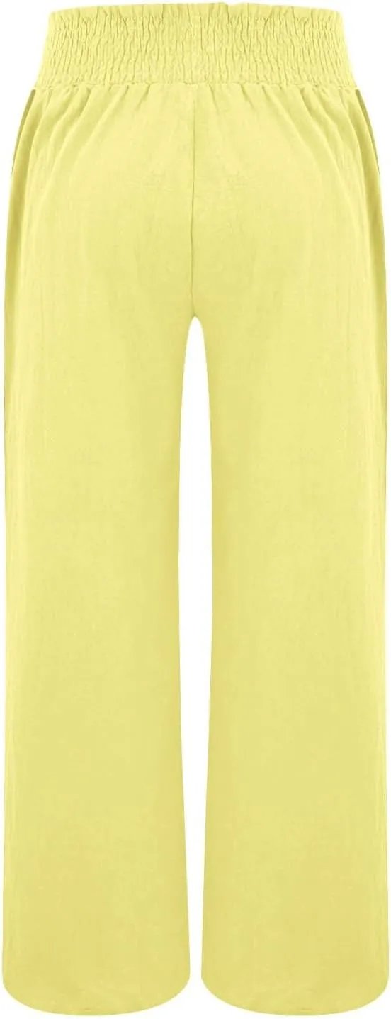 Womens Cotton Twill Pants Women Linen Palazzo Pants Wide Leg High Waist Summer Casual Boho Trousers