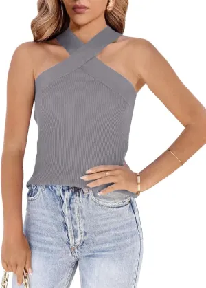 Womens Criss Cross Halter Sweater Vest Tops Summer Sleeveless Pullover Casual Lightweight V Neck Knit Tank Top