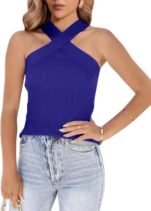 Womens Criss Cross Halter Sweater Vest Tops Summer Sleeveless Pullover Casual Lightweight V Neck Knit Tank Top