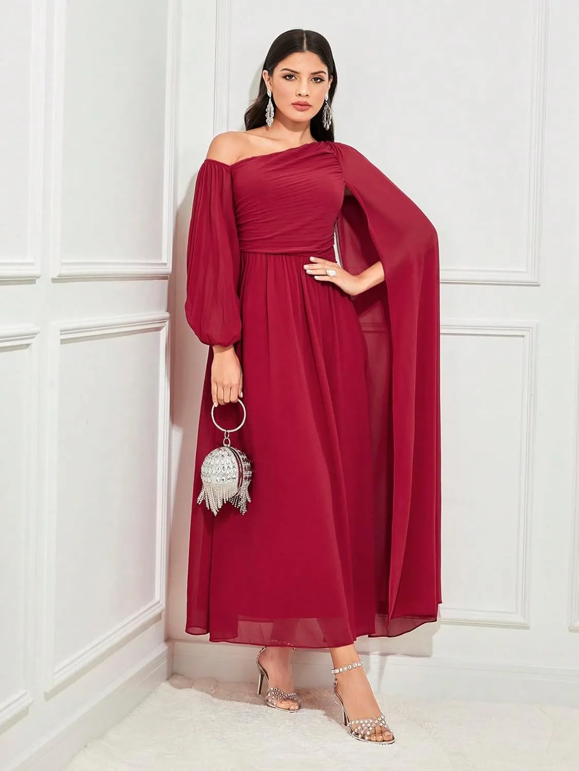Women's Dresses Asymmetrical Neck Cloak Sleeve Ruched Waist Chiffon Dress Dress for Women(Small)