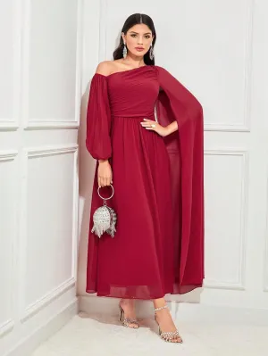 Women's Dresses Asymmetrical Neck Cloak Sleeve Ruched Waist Chiffon Dress Dress for Women(Small)