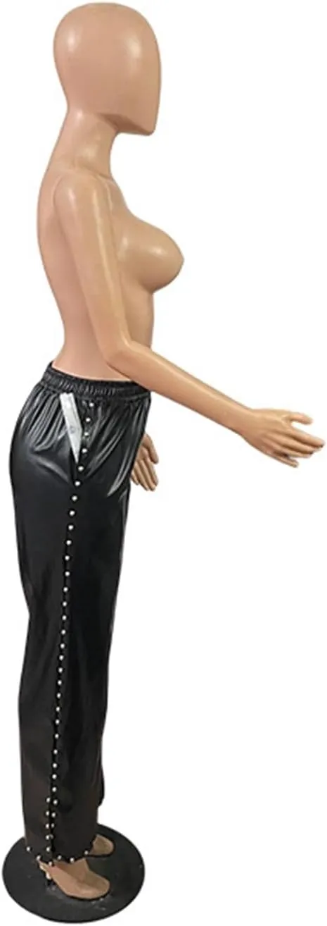 Women's Faux Leather Pants High Waisted Straight Wide Leg Trousers Rivets Slit Pu Leggings