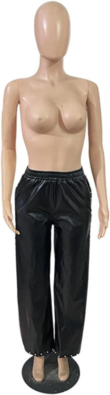 Women's Faux Leather Pants High Waisted Straight Wide Leg Trousers Rivets Slit Pu Leggings