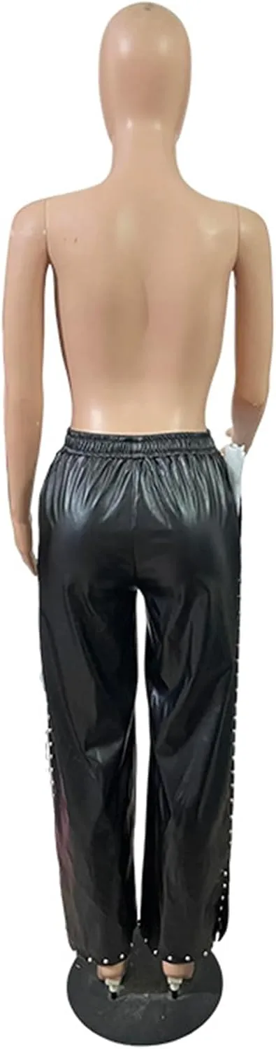 Women's Faux Leather Pants High Waisted Straight Wide Leg Trousers Rivets Slit Pu Leggings
