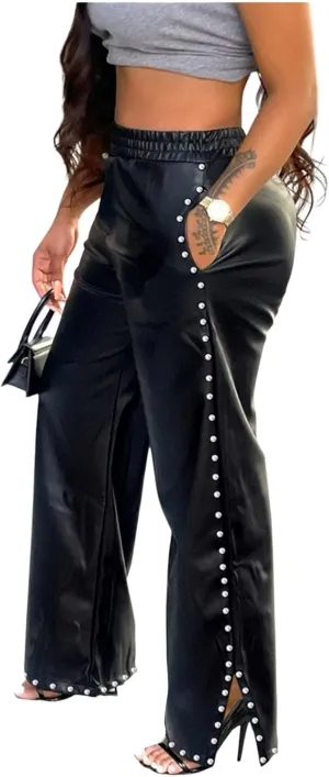 Women's Faux Leather Pants High Waisted Straight Wide Leg Trousers Rivets Slit Pu Leggings