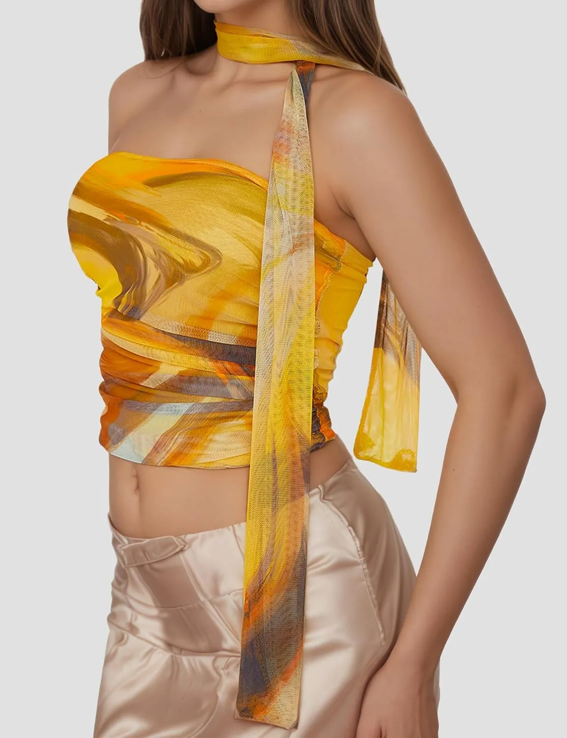 Women's Floral Print Strapless Tube Top Backless Sleeveless Slim Fit Camisole Summer Crop Top with Ribbon Tie