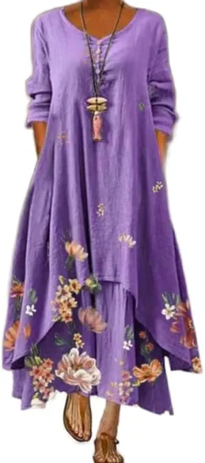 Women's Flowy Boho Floral Long Sleeve Irregular Hem Maxi Dress Fall Casual Plus Size Long Tshirt Dress with Pockets