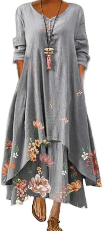 Women's Flowy Boho Floral Long Sleeve Irregular Hem Maxi Dress Fall Casual Plus Size Long Tshirt Dress with Pockets