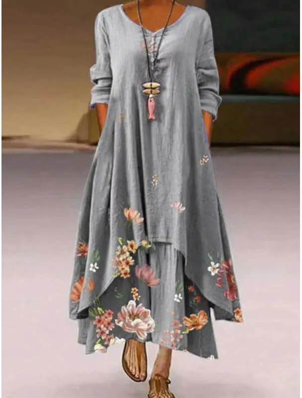Women's Flowy Boho Floral Long Sleeve Irregular Hem Maxi Dress Fall Casual Plus Size Long Tshirt Dress with Pockets