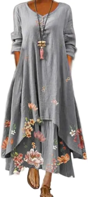 Women's Flowy Boho Floral Long Sleeve Irregular Hem Maxi Dress Fall Casual Plus Size Long Tshirt Dress with Pockets