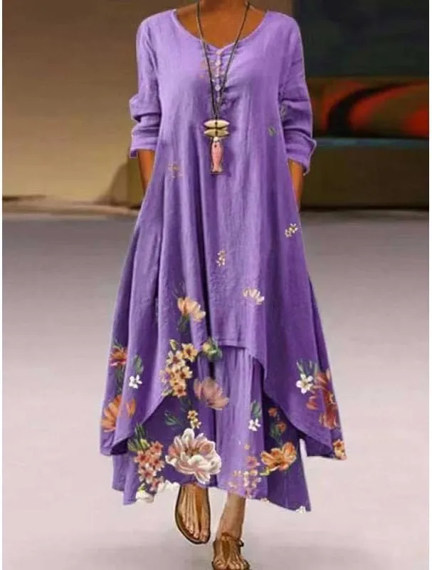 Women's Flowy Boho Floral Long Sleeve Irregular Hem Maxi Dress Fall Casual Plus Size Long Tshirt Dress with Pockets