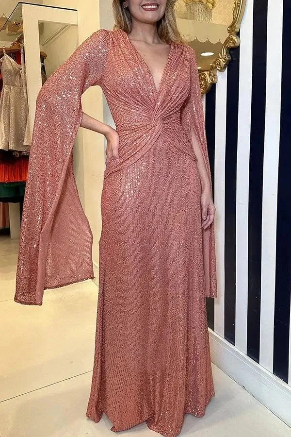 Womens Formal Sequin Evening Party Dress Maxi Cloak Sleeve Ball Gown V Neck Prom Gala/Cocktail/Club Elegant Dresses for Women