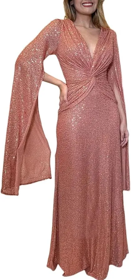 Womens Formal Sequin Evening Party Dress Maxi Cloak Sleeve Ball Gown V Neck Prom Gala/Cocktail/Club Elegant Dresses for Women