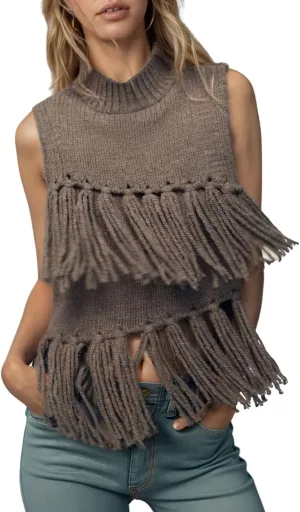 Womens Fringed Knit Vest Top Solid Tassel Vest Sweater Sleeveless Round Neck Vest Top with Fringed Trims
