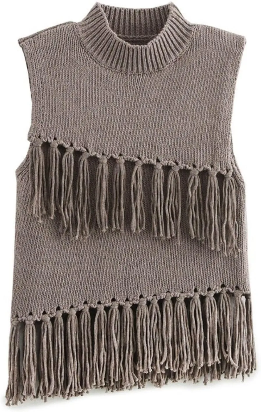 Womens Fringed Knit Vest Top Solid Tassel Vest Sweater Sleeveless Round Neck Vest Top with Fringed Trims