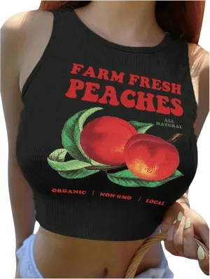 Women's Graphic Crop Tank Top Summer Round Neck Tank Top Shirts Casual Letter Print Sleeveless T Shirt