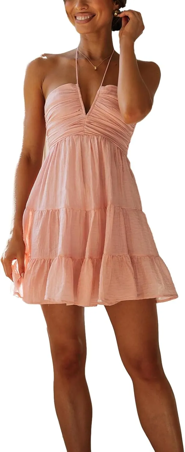 Women's Halter Mini Dress Deep V Neck Casual Sleeveless Halter Neck Flowy Tiered Ruffle Hem Dress Beach Sundress