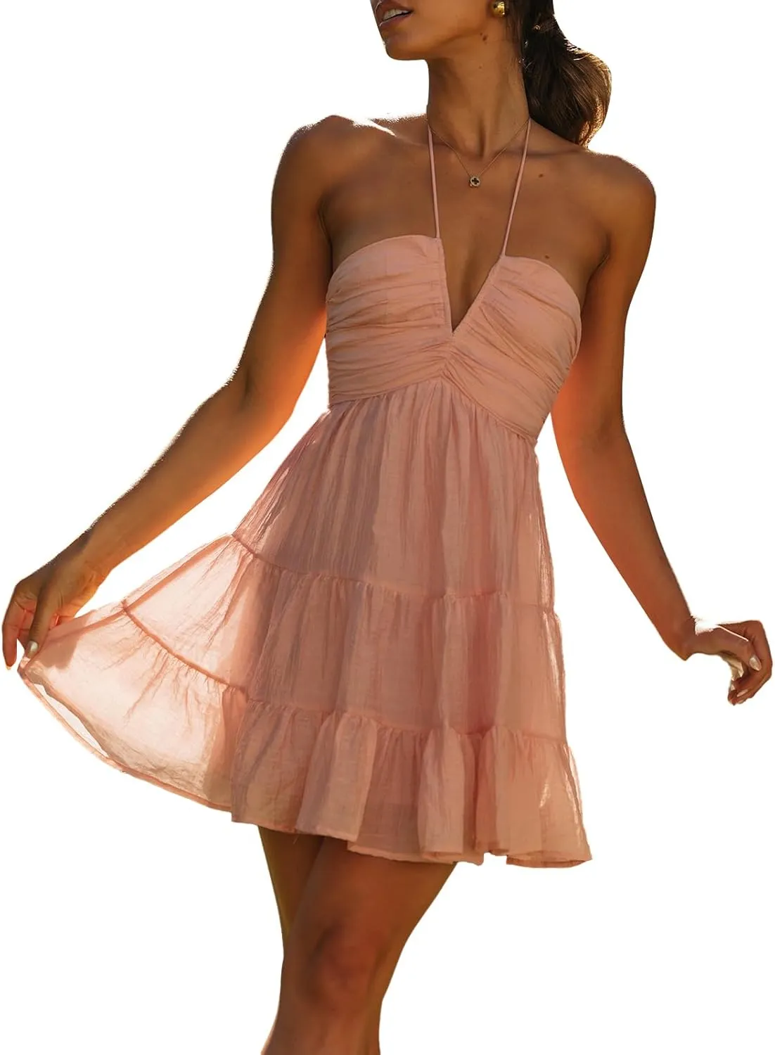 Women's Halter Mini Dress Deep V Neck Casual Sleeveless Halter Neck Flowy Tiered Ruffle Hem Dress Beach Sundress