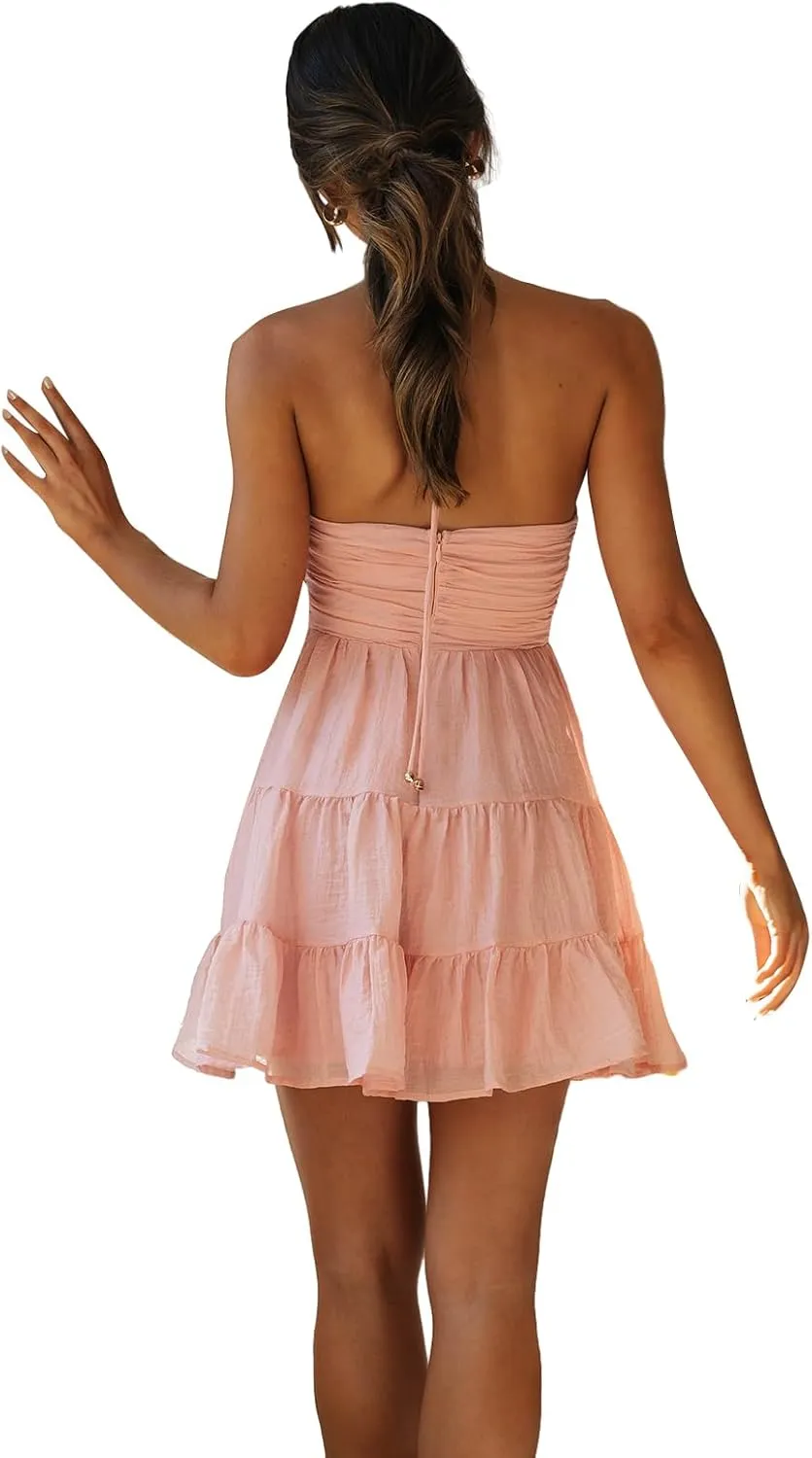 Women's Halter Mini Dress Deep V Neck Casual Sleeveless Halter Neck Flowy Tiered Ruffle Hem Dress Beach Sundress