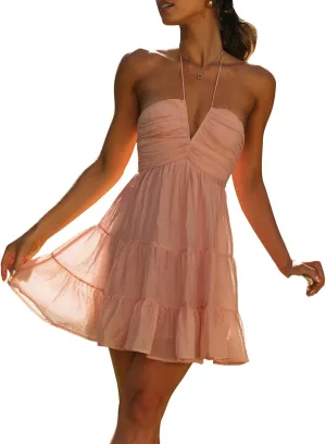 Women's Halter Mini Dress Deep V Neck Casual Sleeveless Halter Neck Flowy Tiered Ruffle Hem Dress Beach Sundress