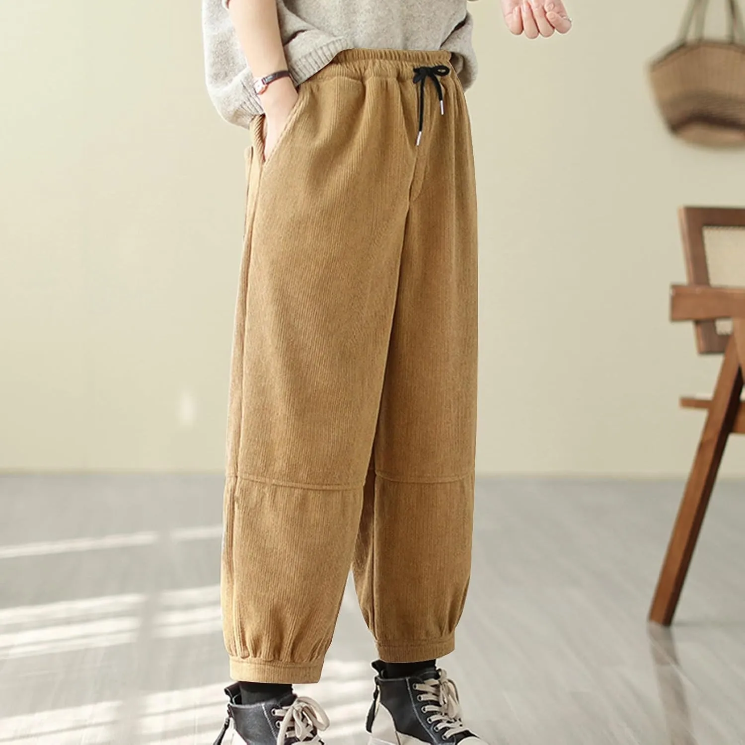 Women's Harem Pants Casual Loose Fit Drawstring Elastic Waist Pants Vintage Solid Tapered Trousers with Pockets