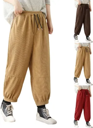 Women's Harem Pants Casual Loose Fit Drawstring Elastic Waist Pants Vintage Solid Tapered Trousers with Pockets
