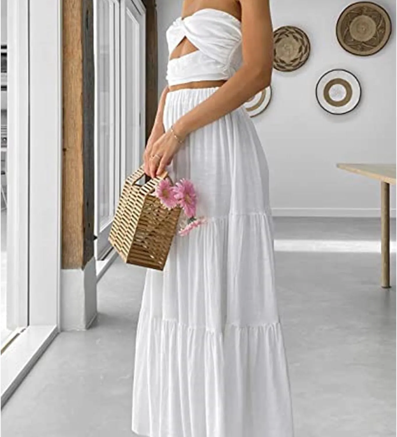 Women's High Elastic Waist Midi Skirt Casual Summer Trendy, Front Flowy Ruffle Boho Midi Skirts for Women