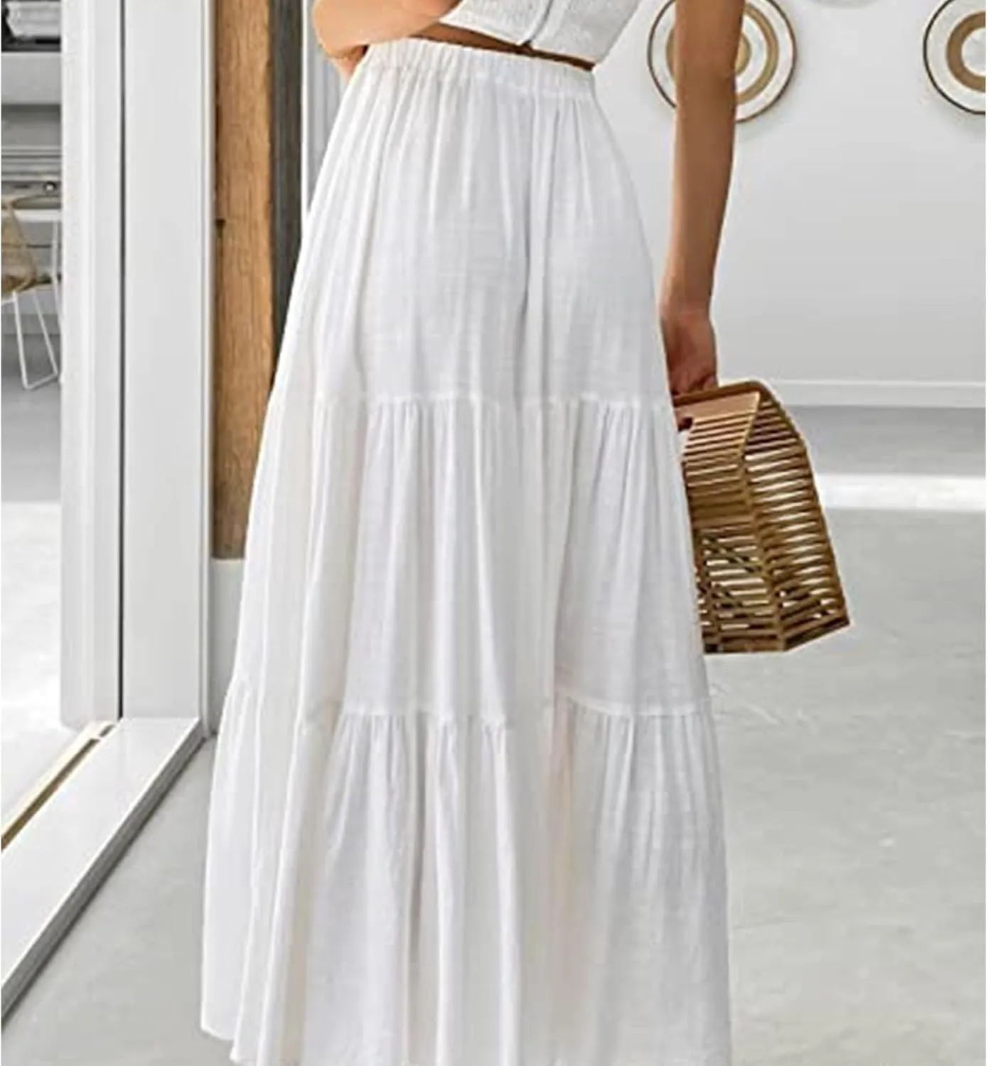 Women's High Elastic Waist Midi Skirt Casual Summer Trendy, Front Flowy Ruffle Boho Midi Skirts for Women