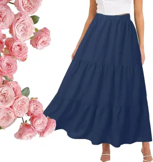 Women's High Elastic Waist Midi Skirt Casual Summer Trendy, Front Flowy Ruffle Boho Midi Skirts for Women