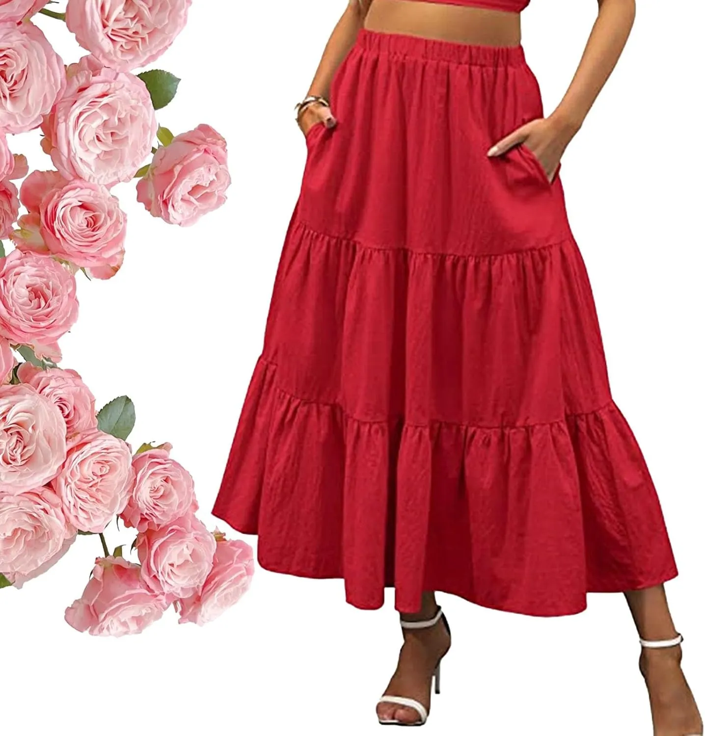 Women's High Elastic Waist Midi Skirt Casual Summer Trendy, Front Flowy Ruffle Boho Midi Skirts for Women