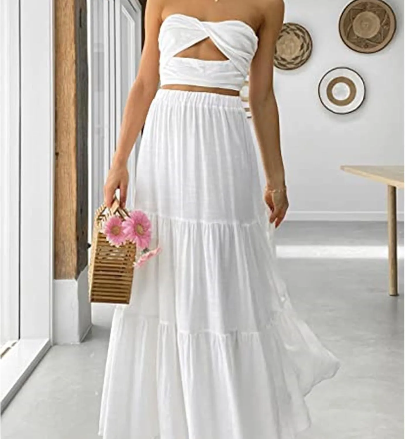 Women's High Elastic Waist Midi Skirt Casual Summer Trendy, Front Flowy Ruffle Boho Midi Skirts for Women