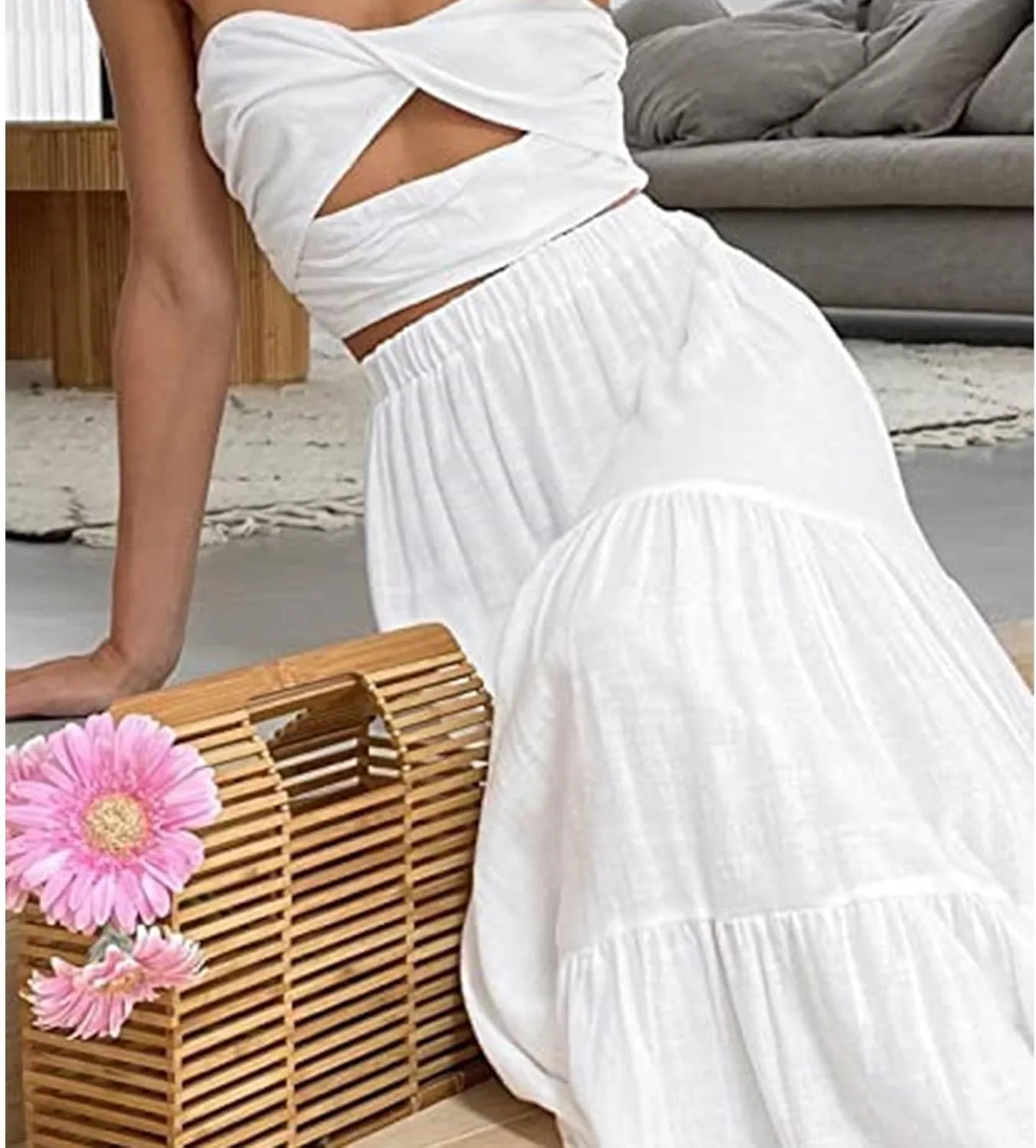 Women's High Elastic Waist Midi Skirt Casual Summer Trendy, Front Flowy Ruffle Boho Midi Skirts for Women