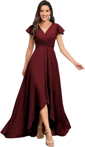 Women's High Low V-Neck Bridesmaid Dresses with Sleeves for Wedding Long Chiffon Formal Dress