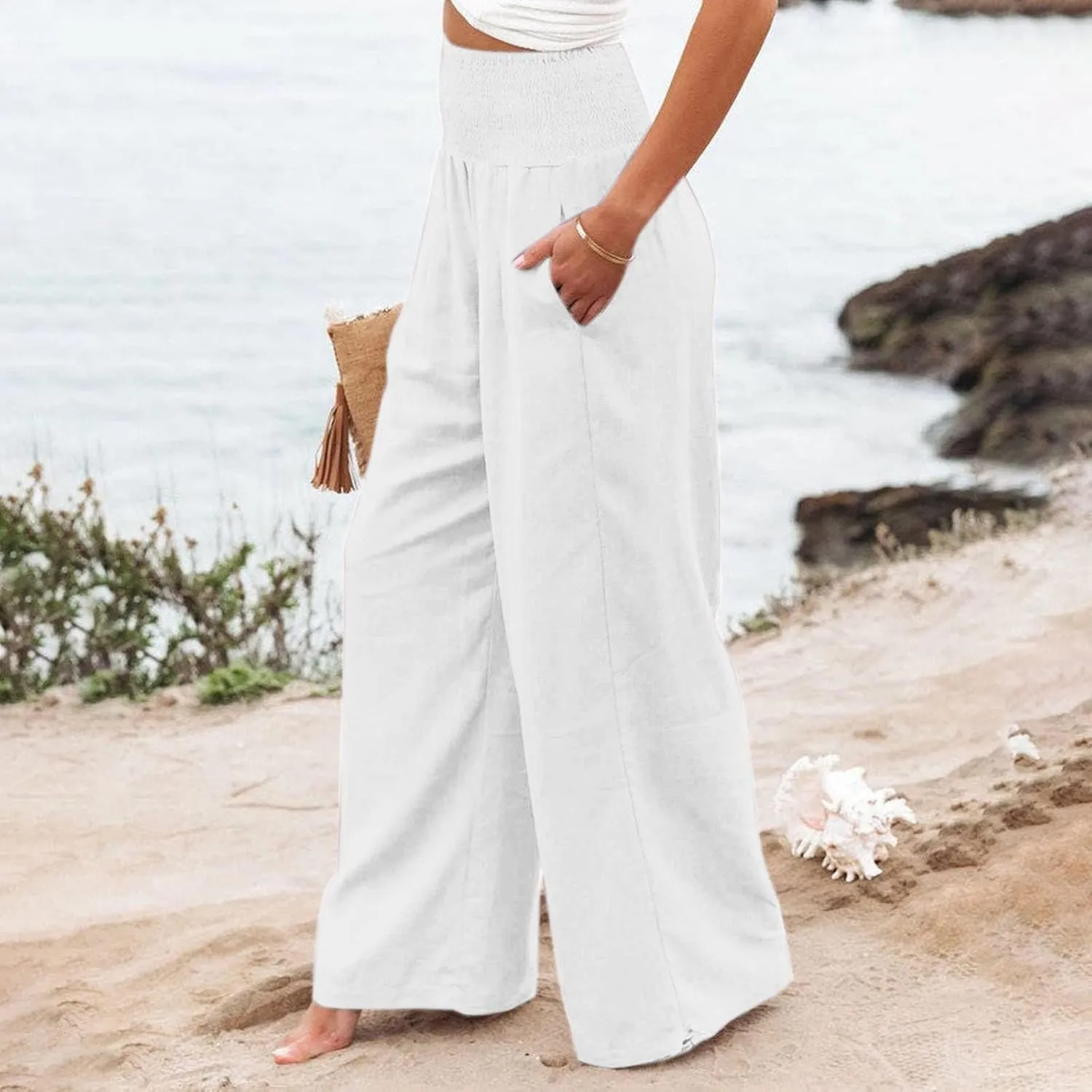 Womens High Waist Pockets Elastic Waist Solid Loose Pants Casual Long Trousers Women's Pants Casual Elastic Waist