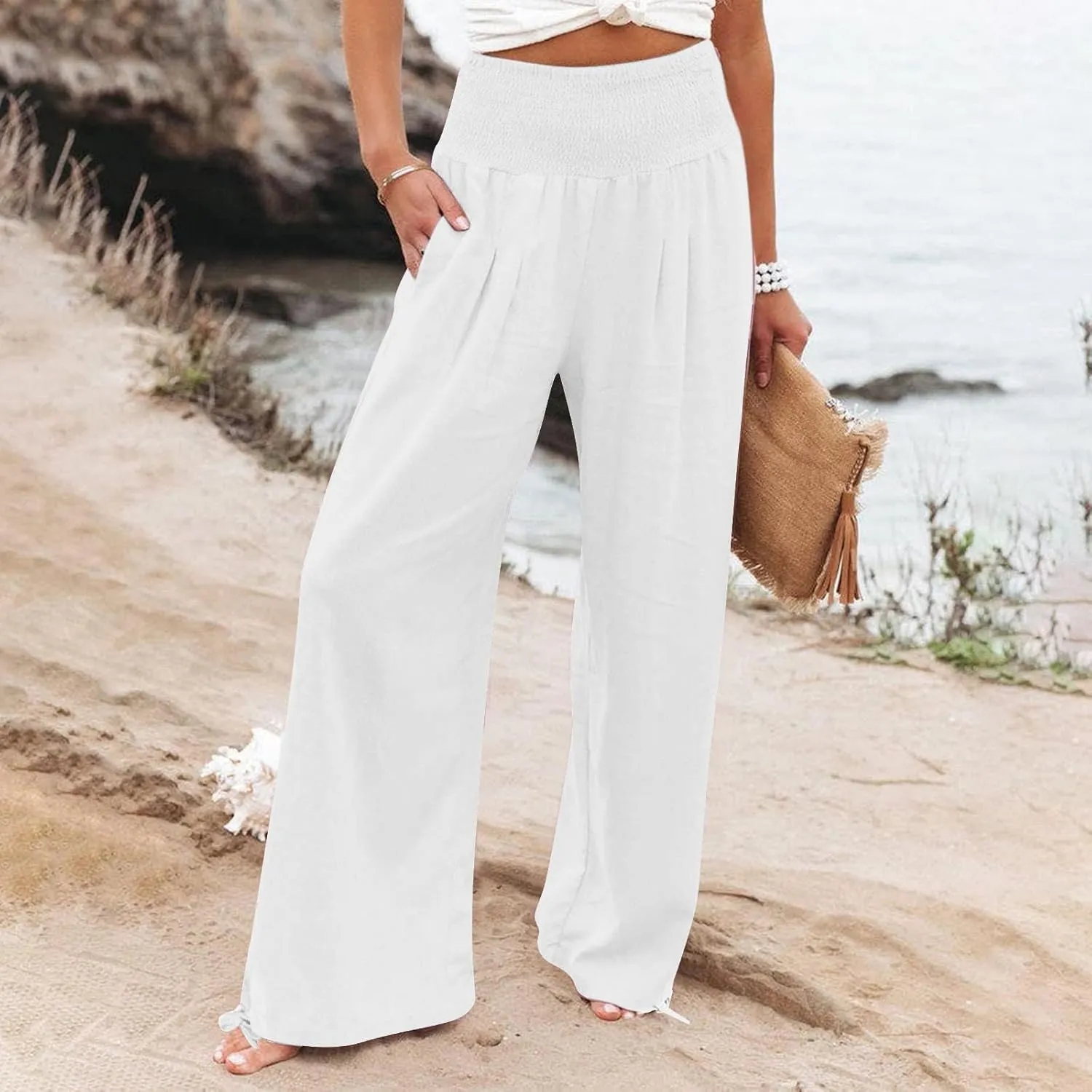 Womens High Waist Pockets Elastic Waist Solid Loose Pants Casual Long Trousers Women's Pants Casual Elastic Waist
