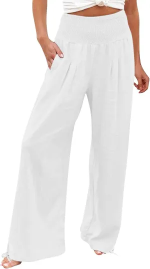 Womens High Waist Pockets Elastic Waist Solid Loose Pants Casual Long Trousers Women's Pants Casual Elastic Waist
