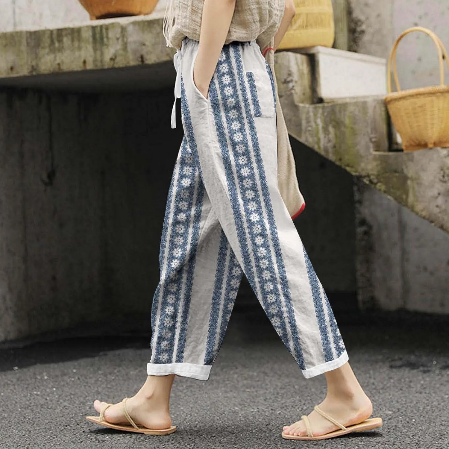 Women's Linen Blend Summer Printed Pant Trousers Elastic Waist Wide Leg Slim-Fit Pants Work Business